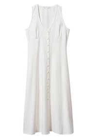 Valkoinen ilmanhihoinen mekko, jossa on V-pääntie, nappikiinnitys edessä ja hienovaraiset rintasaumat. Valmistettu sileästä kankaasta, jossa on ilmava A-linjainen siluetti.