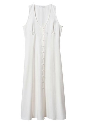 Witte mouwloze jurk met een V-hals, knoopsluiting aan de voorkant en subtiele bustennaden. Gemaakt van een zachte stof, met een vloeiende A-lijn silhouet.
