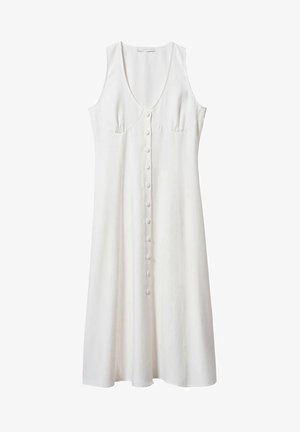 Robe blanche sans manches avec un décolleté en V, fermeture à boutons sur le devant et coutures poitrine discrètes. Fabriquée dans un tissu lisse, elle présente une silhouette évasée fluide.