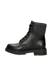 Schwarze Leder-Stiefeletten mit einem strukturierten grauen Strickbund, runder Zehenform, Schnürung vorne und robustem Profilsohle für besseren Halt.