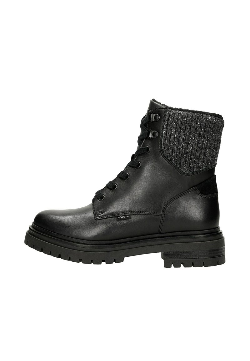 Schwarze Leder-Stiefeletten mit einem strukturierten grauen Strickbund, runder Zehenform, Schnürung vorne und robustem Profilsohle für besseren Halt.