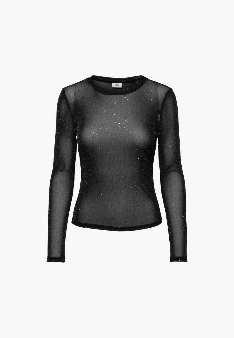 Top negro de manga larga hecho de material transparente, con una textura suave y salpicaduras de brillo plateado como adorno. Cuello redondeado.