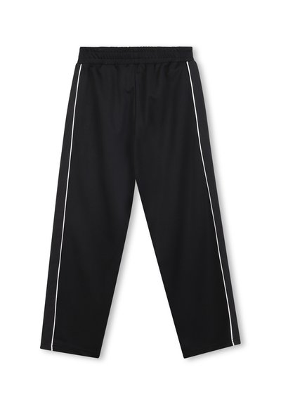 Pantaloni da ginnastica neri realizzati in tessuto leggero, con vita elastica e strisce laterali bianche a contrasto. Design a gamba dritta.