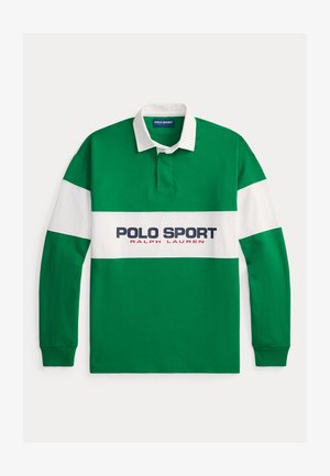 Grønn langermet polo-skjorte med en hvit horisontal stripe med teksten "POLO SPORT" og "RALPH LAUREN" i marineblått. Bomullsstoff, krage.