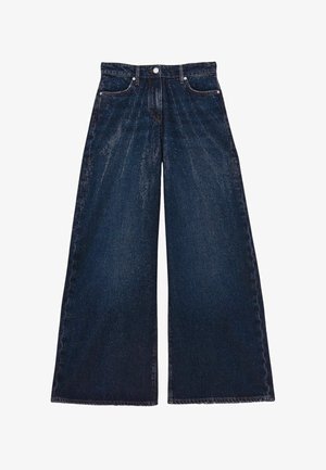 Jeans de pierna ancha hechos de una denim azul oscuro. Las características incluyen una cintura alta, cinco bolsillos, botón de metal y detalles de costura. Los bordes son sin acabar.