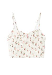 Vit smockad kort topp med tunna axelband, prydd med ett blommönster i rosa och grönt. Mjuk tyg med en texturerad yta genomgående.