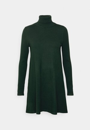 Vestito verde lavorato a maglia con un collo alto, maniche lunghe e un taglio rilassato. Tessuto morbido e una silhouette leggermente svasata all'orlo.
