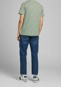 Groen gestreept t-shirt, korte mouwen, gecombineerd met spijkerbroek. De spijkerbroek is recht gesneden, donkerblauw, met een rafelige zoom. Het schoeisel is wit en marineblauw.