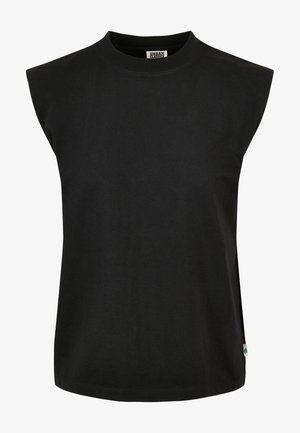 Čierny bavlnený top bez rukávov s okrúhlym výstrihom, voľným strihom, postrannými rozparkami a malým zeleným logom na leme.