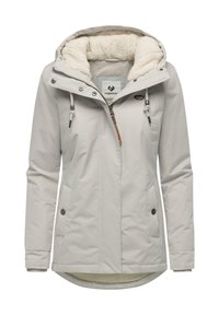 Jasnoszara izolowana kurtka z kapturem wyłożonym sztucznym futrem, regulowanymi sznurkami, zamkiem z przodu i bocznymi kieszeniami. Posiada okrągły dół.