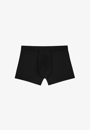 Zwarte katoenen boxershorts met een aansluitend ontwerp, een voorpouch en een soepele elastische tailleband zonder zichtbare patronen of logo's.