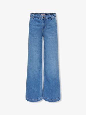 Zilas augsta vidukļa plata piegriezuma džinsi ar priekšējo pogu un rāvējslēdzēju, jostas cilpām un vieglu izbalējumu gurniem un ceļiem.