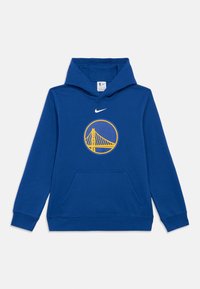 Sweatshirt azul com capuz feito de mistura de algodão. Apresenta um bolso frontal com um gráfico circular de uma ponte em amarelo e azul. Logotipo da Nike no peito.