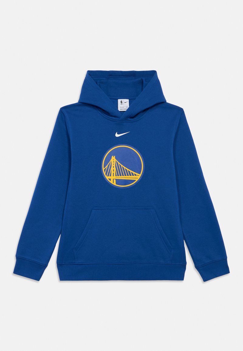 Sweatshirt azul com capuz feito de mistura de algodão. Apresenta um bolso frontal com um gráfico circular de uma ponte em amarelo e azul. Logotipo da Nike no peito.