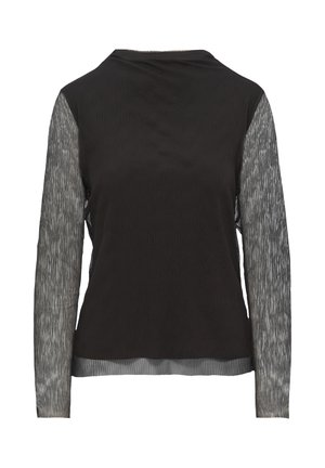 Schwarzes Langarmoberteil mit strukturiertem Vorderteil und halbtransparenten grauen Ärmeln; verfügt über einen runden Ausschnitt und eine lässige Passform.