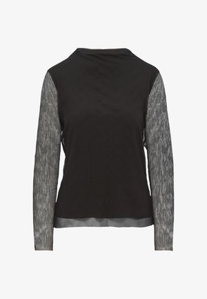 Black long-sleeve top with textured front and semi-sheer gray sleeves; features a round neckline and relaxed fit.