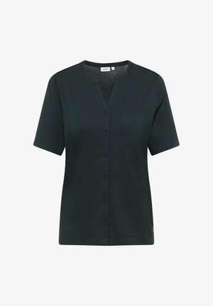 Donkergroene, kortebloesem shirt met knopen en een V-hals, voorzien van zwarte knopen. Zachte stof met een gladde textuur en subtiele glans.