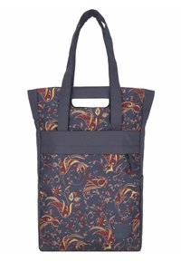 Navy-Farbene Stofftasche mit floralem Muster in Gelb und Rot, mit zwei Griffen, offener Oberseite und einem dekorativen Frontband.