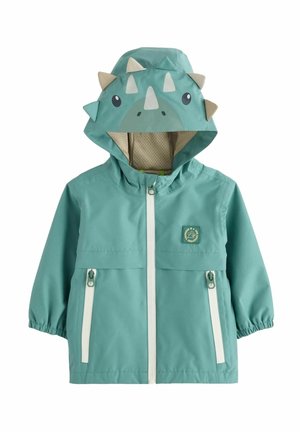 Akvamarine børnejakke til regnvejr med hætte, der har et dinosauransigt, pigge og hvide lynlås-lukninger. Glat tekstur og åndbart for.