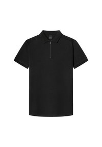 Čierne polo tričko s krátkym rukávom a zipsovým golierom, rozložené na bielom pozadí.