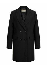 Svart dubbelknäppt kappa med slag, långa ärmar och sidofickor. Slät textur, tillverkad av ett hållbart tyg.