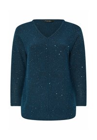 Tassel-Pullover mit V-Ausschnitt, langen Ärmeln und lockerem Schnitt. Mit einem gesprenkelten Muster in verschiedenen Glanzgraden. Weiche Stricktextur.