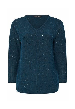 Teal trui met V-hals, lange mouwen en een losse pasvorm. Kenmerkt zich door een gestructureerd patroon met variërende glans. Zachte gebreide textuur.
