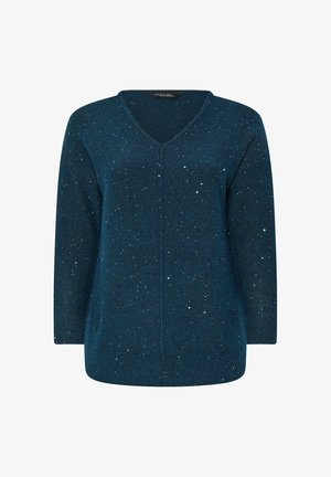 Suéter verde azulado con cuello en V, mangas largas y un ajuste holgado. Presenta un estampado moteado con brillo variable. Textura de punto suave.