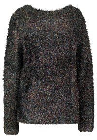 Suéter pullover negro y esponjoso con una superficie texturada y hilos iridiscentes. Cuello redondo y mangas largas.