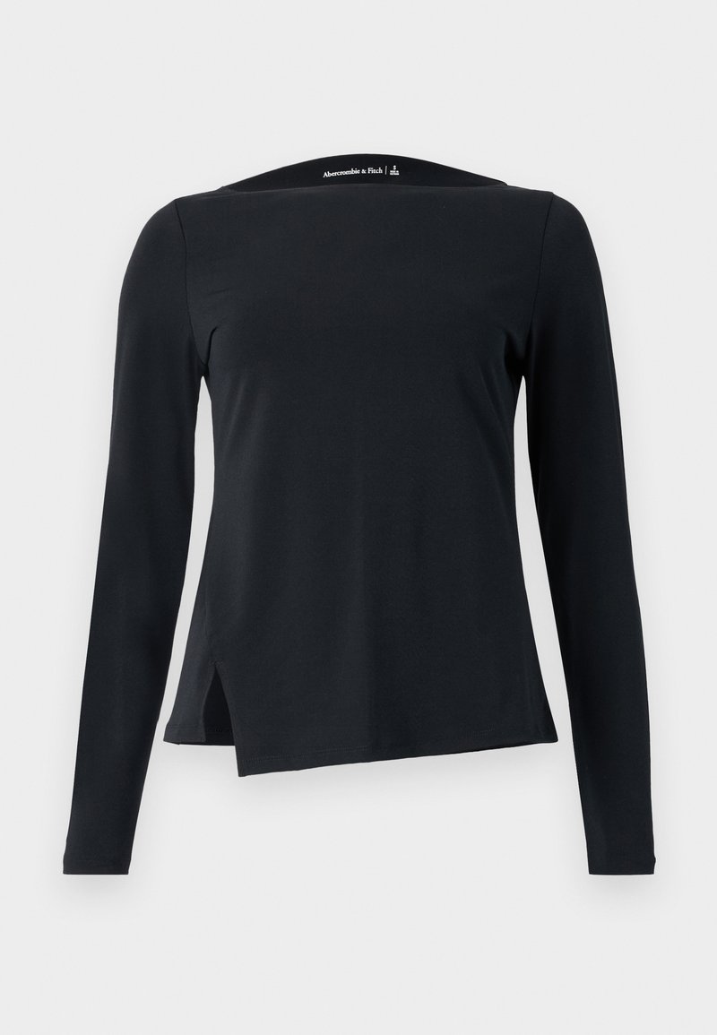 Schwarzes Langarmoberteil aus glattem Stoff, mit hohem Kragen und asymmetrischem Saum mit seitlichen Schlitzen für ein modernes Design.