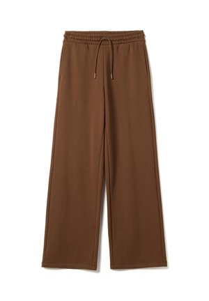 Bruine wijde broek met elastische tailleband en trekkoord, met zijzakken, plat gelegd op een witte achtergrond.