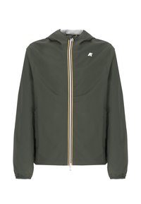 Giacca leggera di colore verde scuro con cappuccio, zip frontale e strisce gialle e bianche a contrasto. Presenta polsini elasticizzati e una vestibilità rilassata.