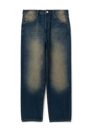 Dunkelblaue Jeans mit verblassten Stellen an den Oberschenkeln. Gerade geschnitten, traditioneller Fünf-Taschen-Stil und Knopfverschluss.