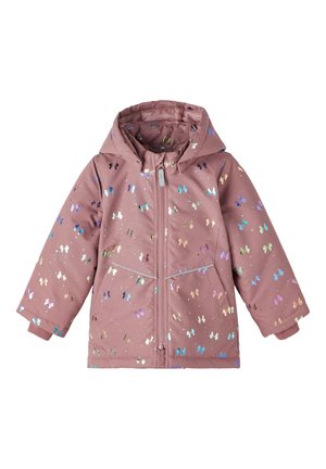 Helles mauvefarbenes Kinderkapuzenjacke mit komplettem Reißverschluss, Fronttaschen und mehrfarbigen metallischen Schmetterlingsdruck-Details.