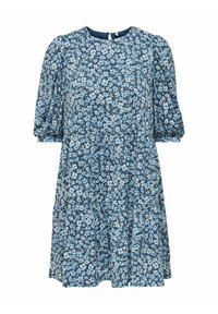 Květinové šaty s tmavě modrým pozadím, které zdobí světle modré květy. Nařasené rukávy, kulatý výstřih, vrstvený design a lehký materiál.