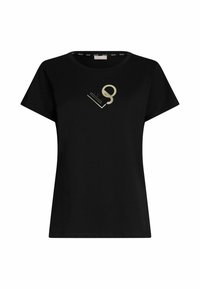 Zwarte katoen T-shirt met korte mouwen, voorzien van een gouden grafisch ontwerp op de borst. Ronde hals met een soepele textuur.