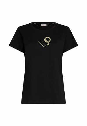 T-shirt en coton noir à manches courtes, avec un design graphique doré sur la poitrine. Col rond avec une texture douce.