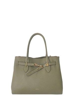 Borsa a mano in pelle verde oliva con doppi manici e una chiusura decorativa e tracolla in tono dorato sulla parte anteriore.