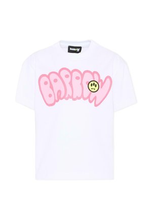 Biała koszulka z krótkim rękawem z dużymi różowymi literami w stylu bąbelkowym tworzącymi napis "BARROW" oraz małą żółtą buźką z czarnymi oczami i kłami na piersi.