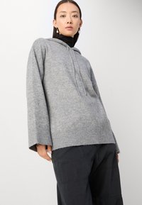 Siv hoodie pulover iz mehkega materiala, z ohlapnim krojem, rebrastim robom in dolgimi rokavi. V kombinaciji s temnimi, ohlapnimi hlačami.
