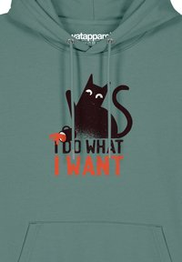 Teal hoodie met een zwart kattenafbeelding met grote ogen, die een rode vis vasthoudt, en de tekst "IK DOE WAT IK WIL" in vetgedrukte rode en zwarte letters.