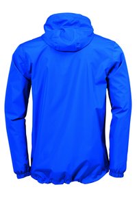 Blauwe waterdichte jas met een capuchon, elastische manchetten en zoom. Gladde textuur met een effen kleur, geen zichtbare patronen of hardware details.
