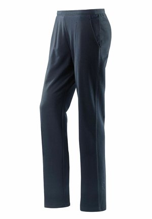 Pantalons de sport bleu marine foncé avec une coupe droite, deux poches latérales et un tissu doux et extensible pour le confort et la facilité de mouvement.