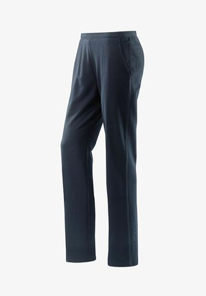 Pantalons de sport bleu marine foncé avec une coupe droite, deux poches latérales et un tissu doux et extensible pour le confort et la facilité de mouvement.