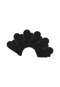 Black ankle socks arranged in a curve, featuring a smooth texture and a comfortable fit, labeled with size information on each pair.