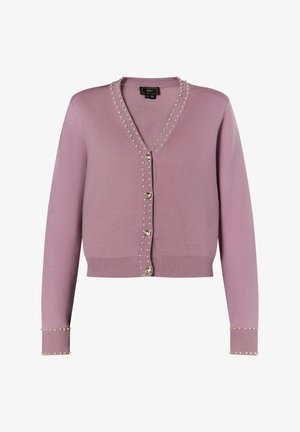 Svetr s V-výstřihem v odstínu světle růžové, zdobený perlovými detaily na límci a manžetách, s předním zapínáním na šest knoflíků a vroubkovaným lemem.