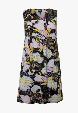 Ärmelloses knielanges Kleid mit mutigem, abstraktem Blumenmuster in Schwarz, Weiß, Gelb, Pink und Lila, mit runder Ausschnitt und gerafftem Bund.