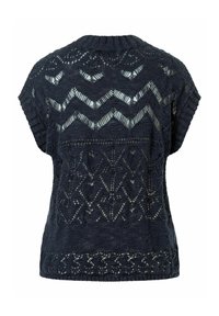 Haut en tricot, bleu marine foncé, manches courtes, motifs ajourés avec des zigzags et des designs géométriques, col et ourlet côtelés, texture douce.