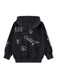 Sweat à capuche noir avec un dessin au trait blanc comprenant un dinosaure dans une bulle de dialogue, un symbole de paix, un visage d'extraterrestre et des formes géométriques dans le dos et sur les manches.