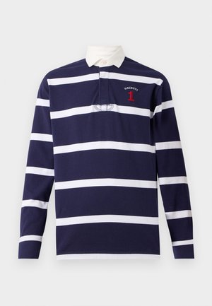 Long-sleeve rugby shirt in navy and white stripes, featuring a white collar, embroidered logo, and number detail in red.